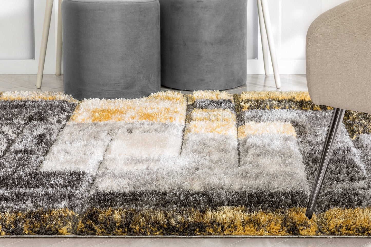 Kenzo Retro Geometric Pattern 3D Textured Shag Yellow Grey Rug LOL-31