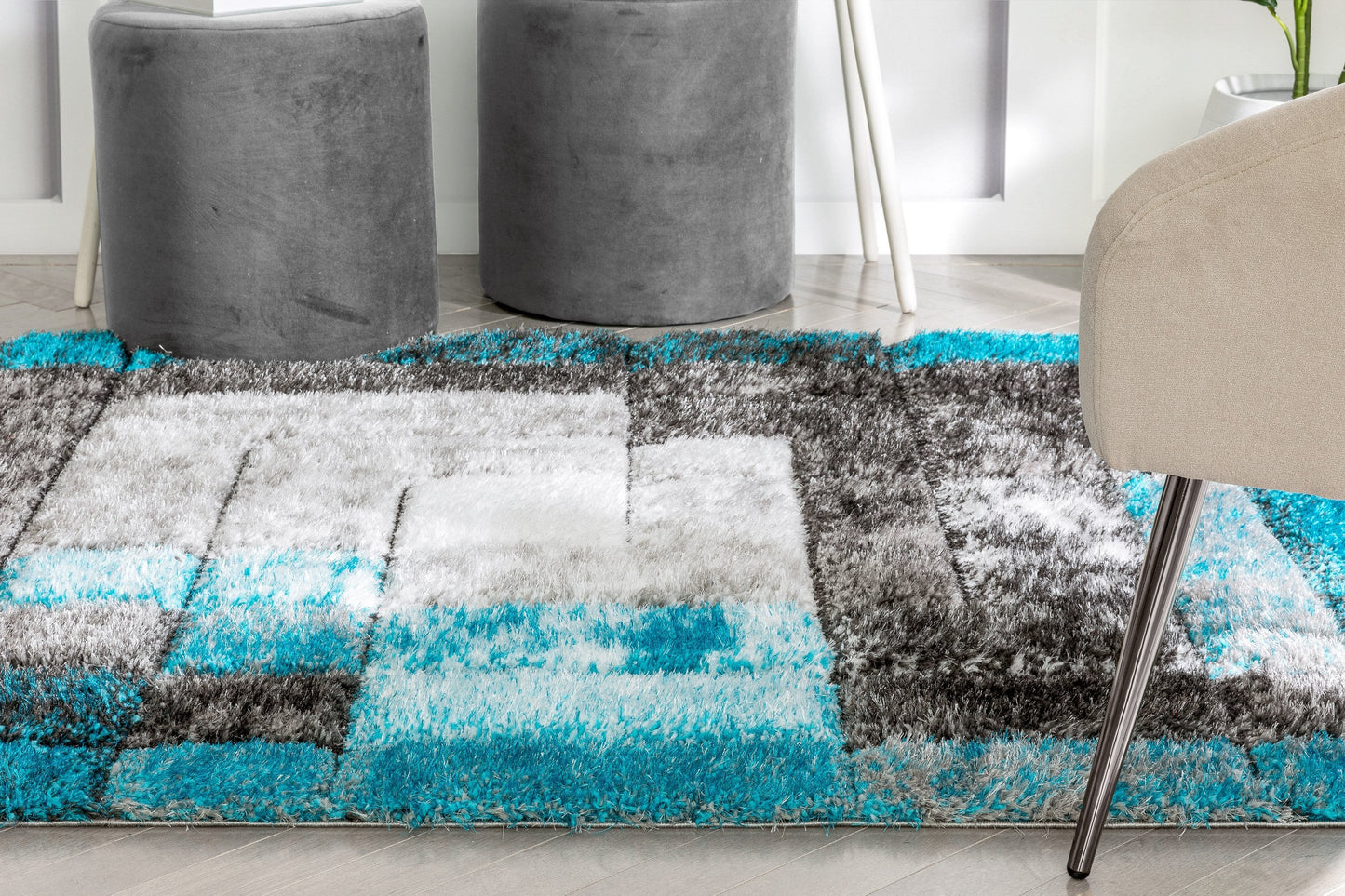 Kenzo Retro Geometric Pattern 3D Textured Shag Teal Grey Rug LOL-36