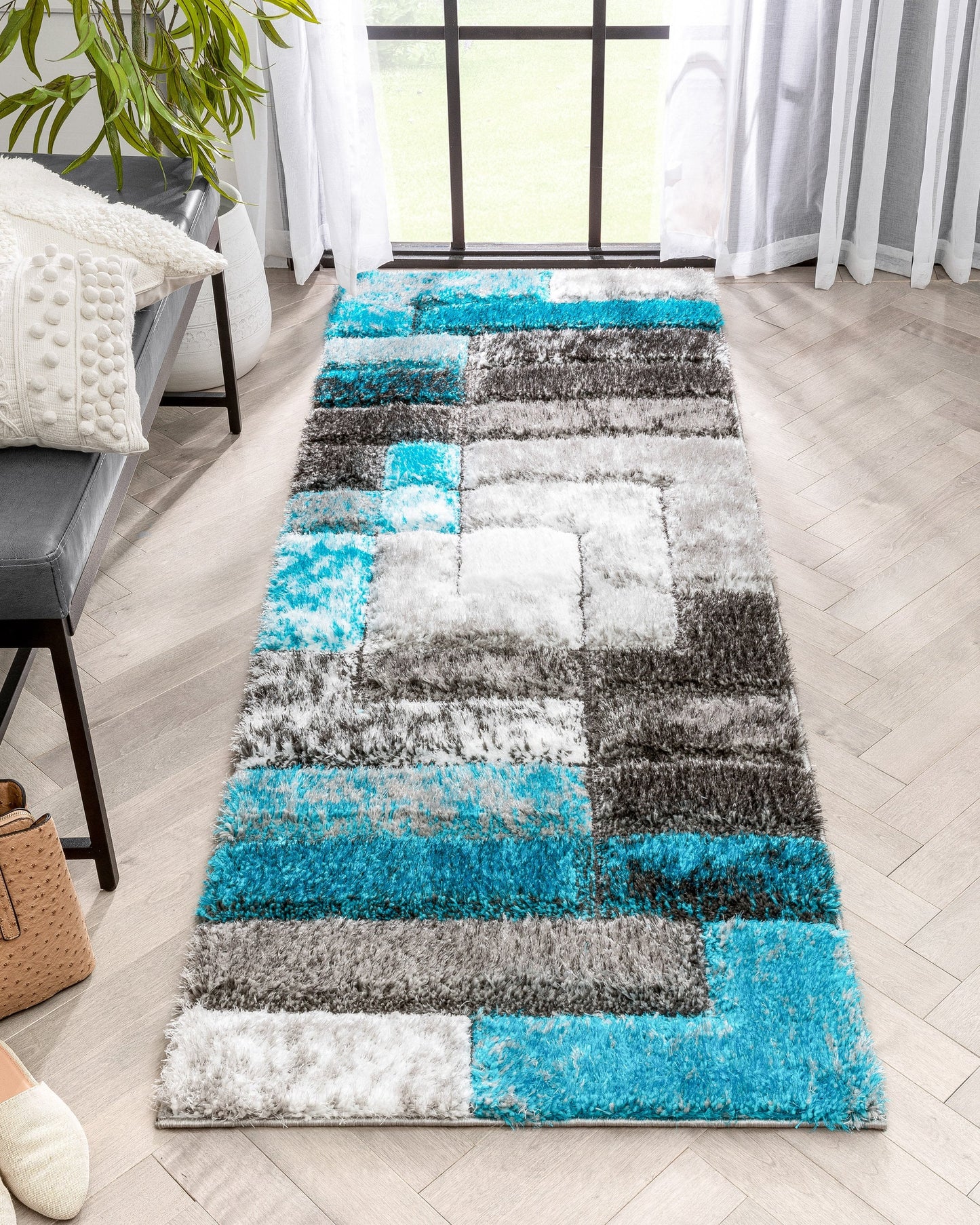 Kenzo Retro Geometric Pattern 3D Textured Shag Teal Grey Rug LOL-36