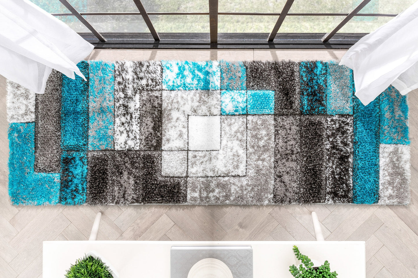 Kenzo Retro Geometric Pattern 3D Textured Shag Teal Grey Rug LOL-36