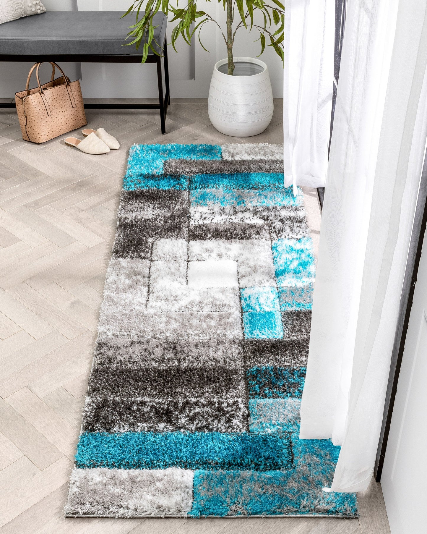Kenzo Retro Geometric Pattern 3D Textured Shag Teal Grey Rug LOL-36