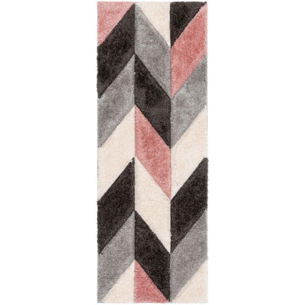 Mika Retro Chevron 3D Textured Shag Pink Grey Rug LOL-49