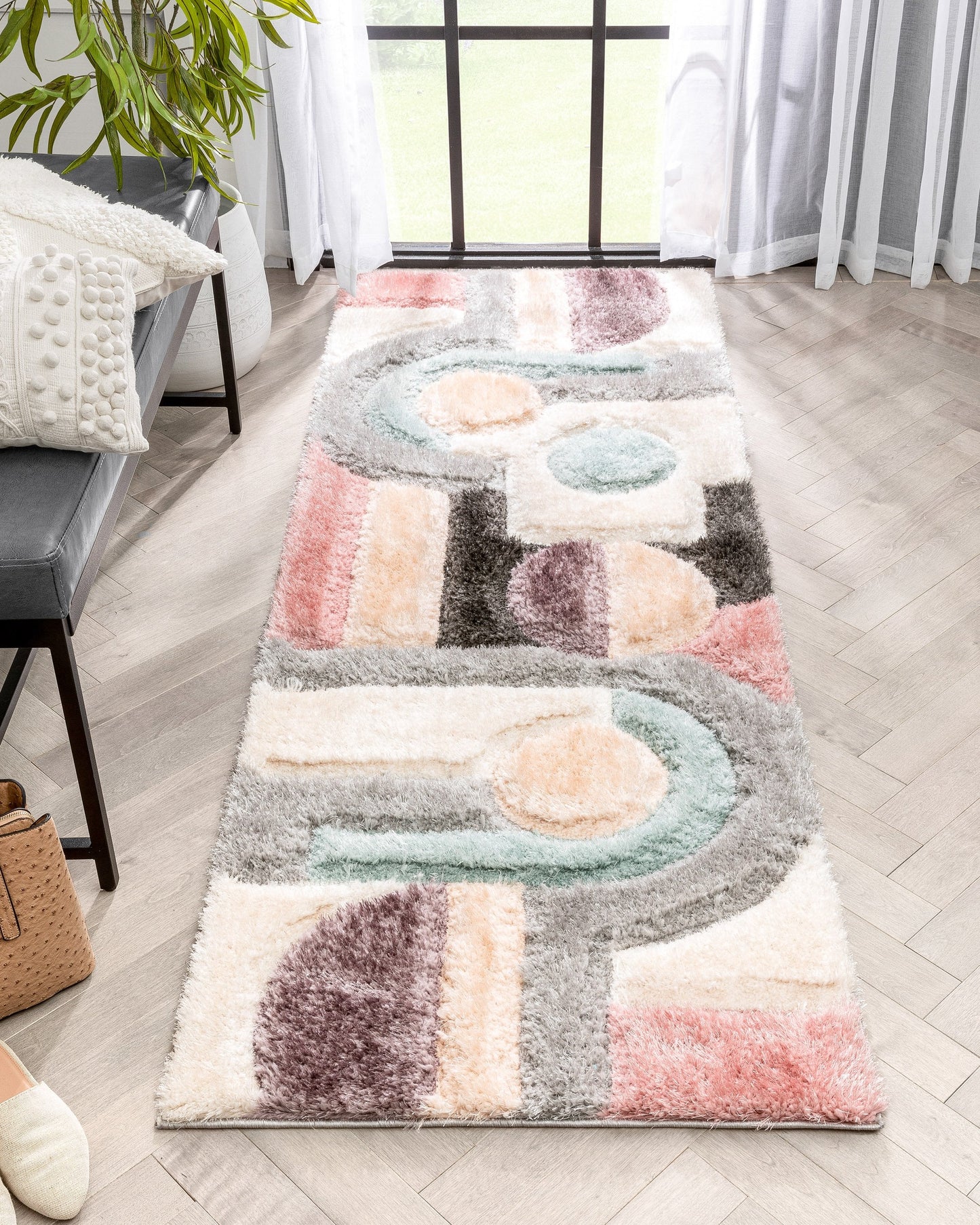 Remi Modern Geometric Stripes 3D Textured Shag Grey Purple Rug LOL-57