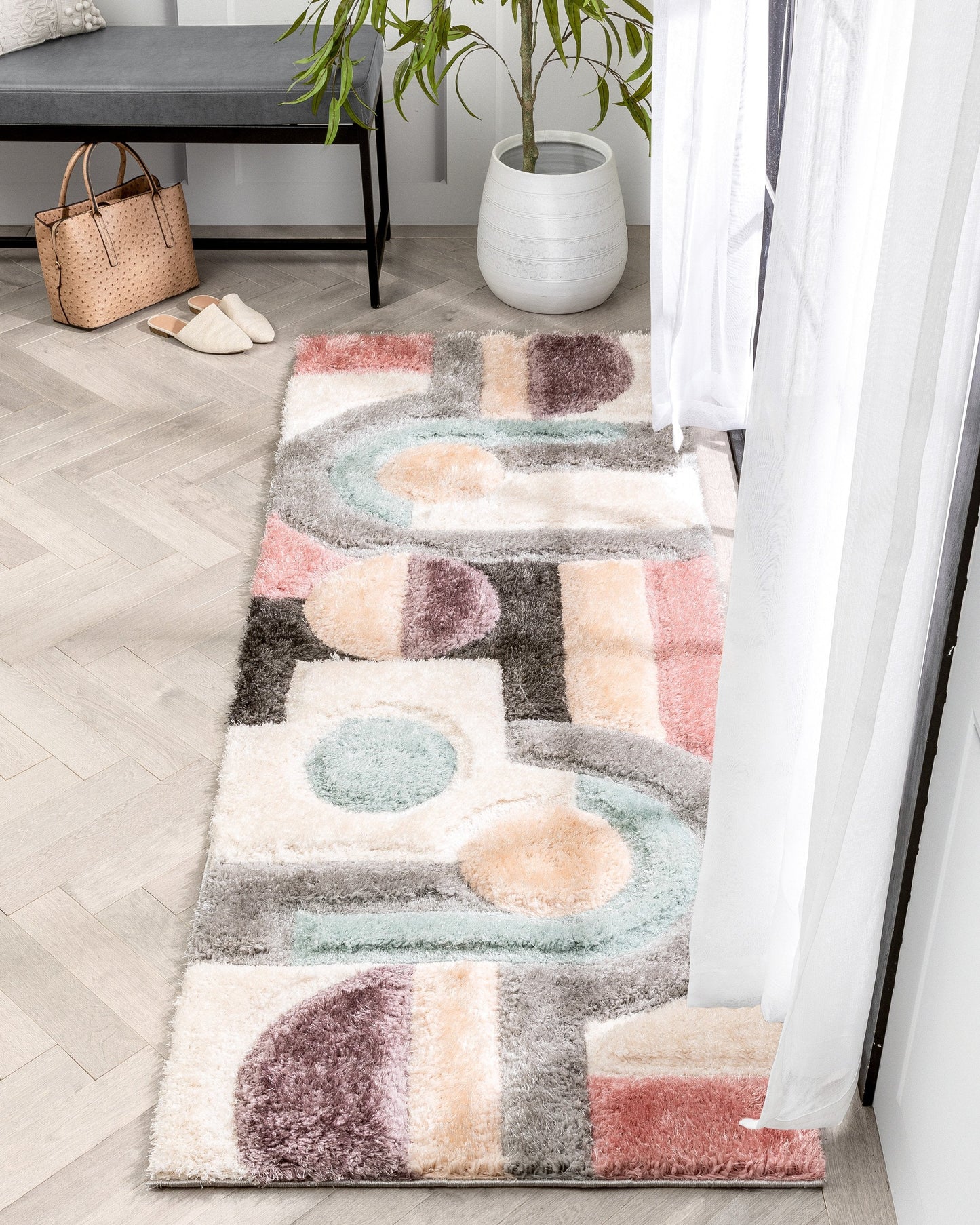Remi Modern Geometric Stripes 3D Textured Shag Grey Purple Rug LOL-57