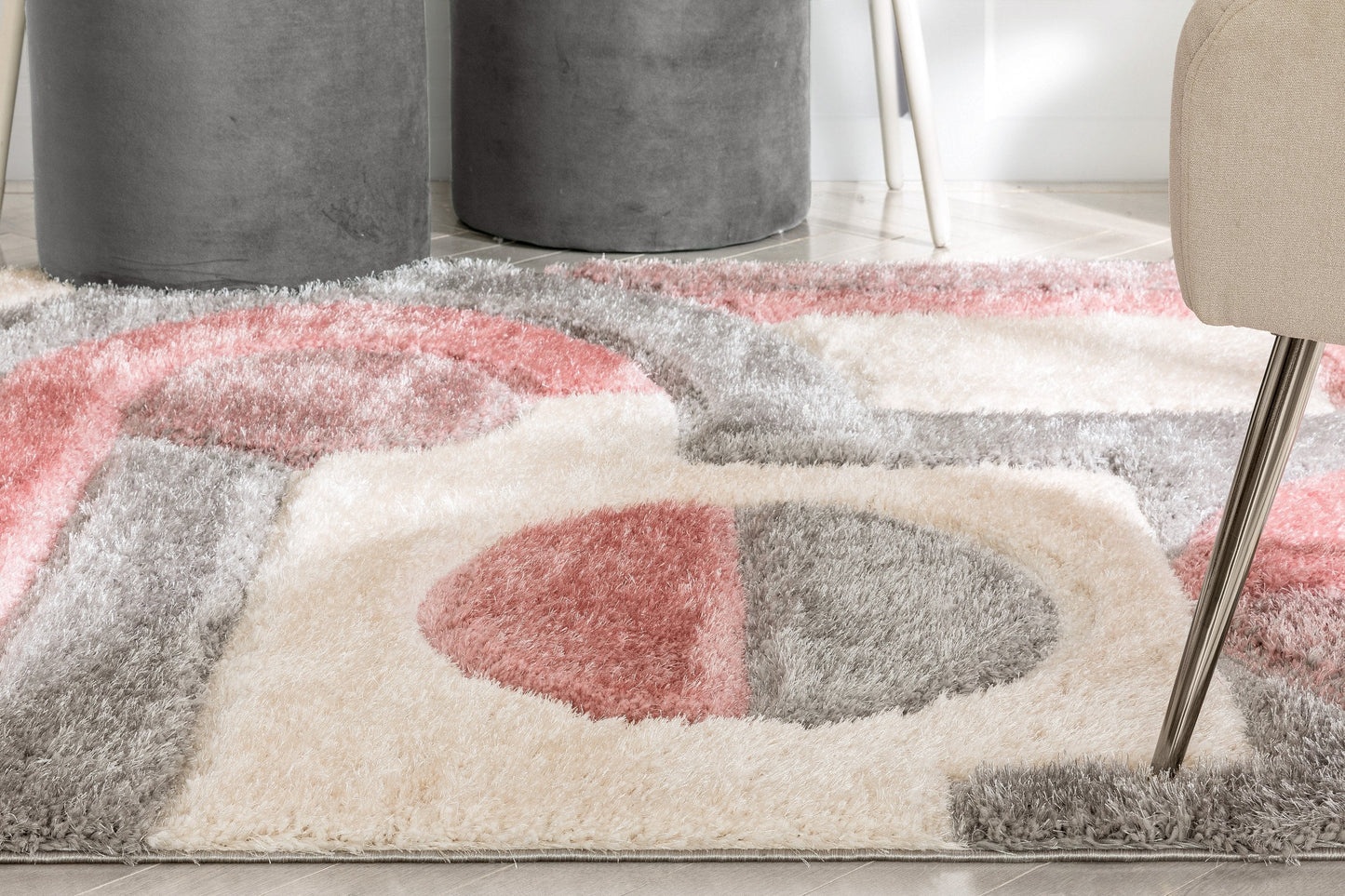 Remi Modern Geometric Stripes 3D Textured Shag Blush Gold Rug LOL-59