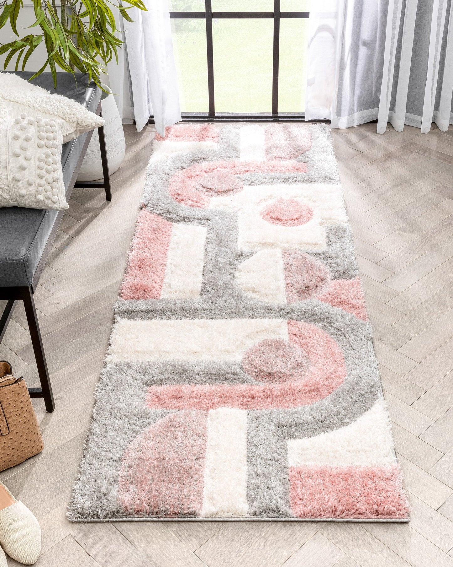 Remi Modern Geometric Stripes 3D Textured Shag Blush Gold Rug LOL-59