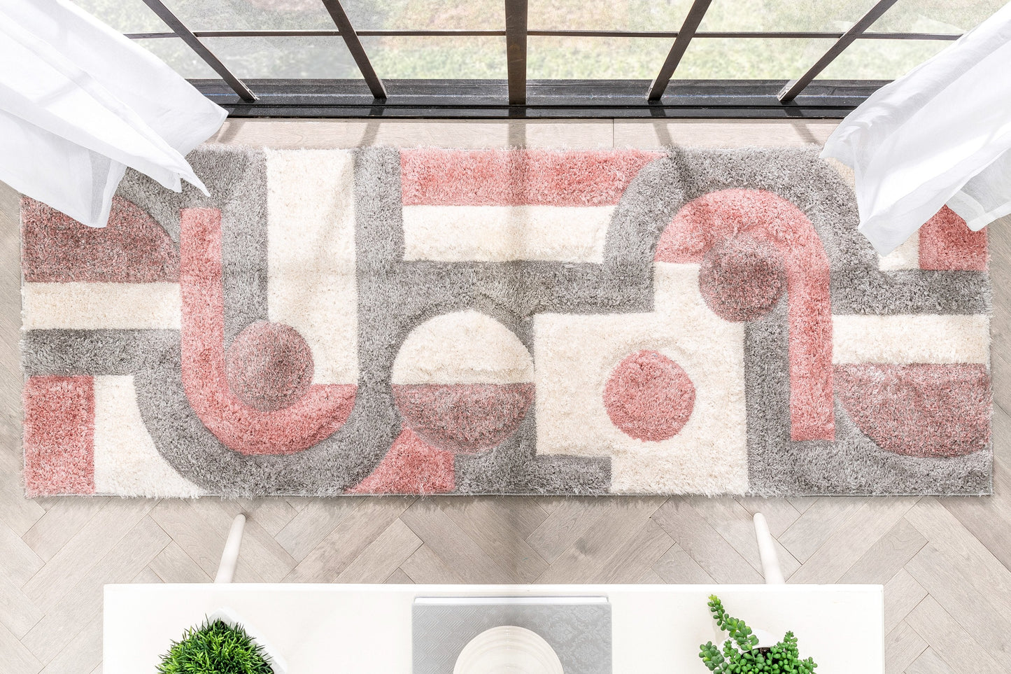 Remi Modern Geometric Stripes 3D Textured Shag Blush Gold Rug LOL-59
