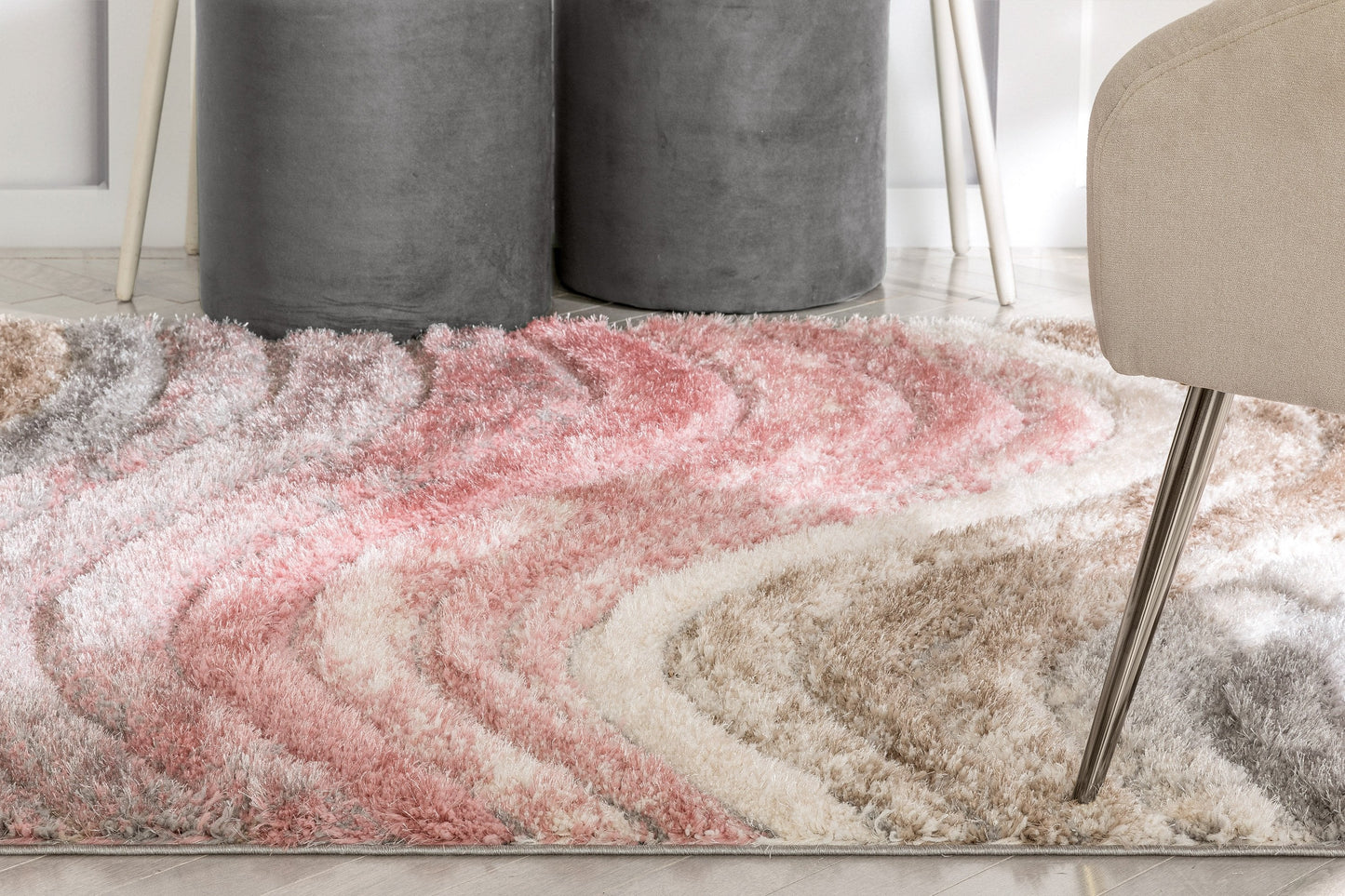 Elsie Modern Abstract Waves 3D Textured Shag Grey Pink Rug LOL-67