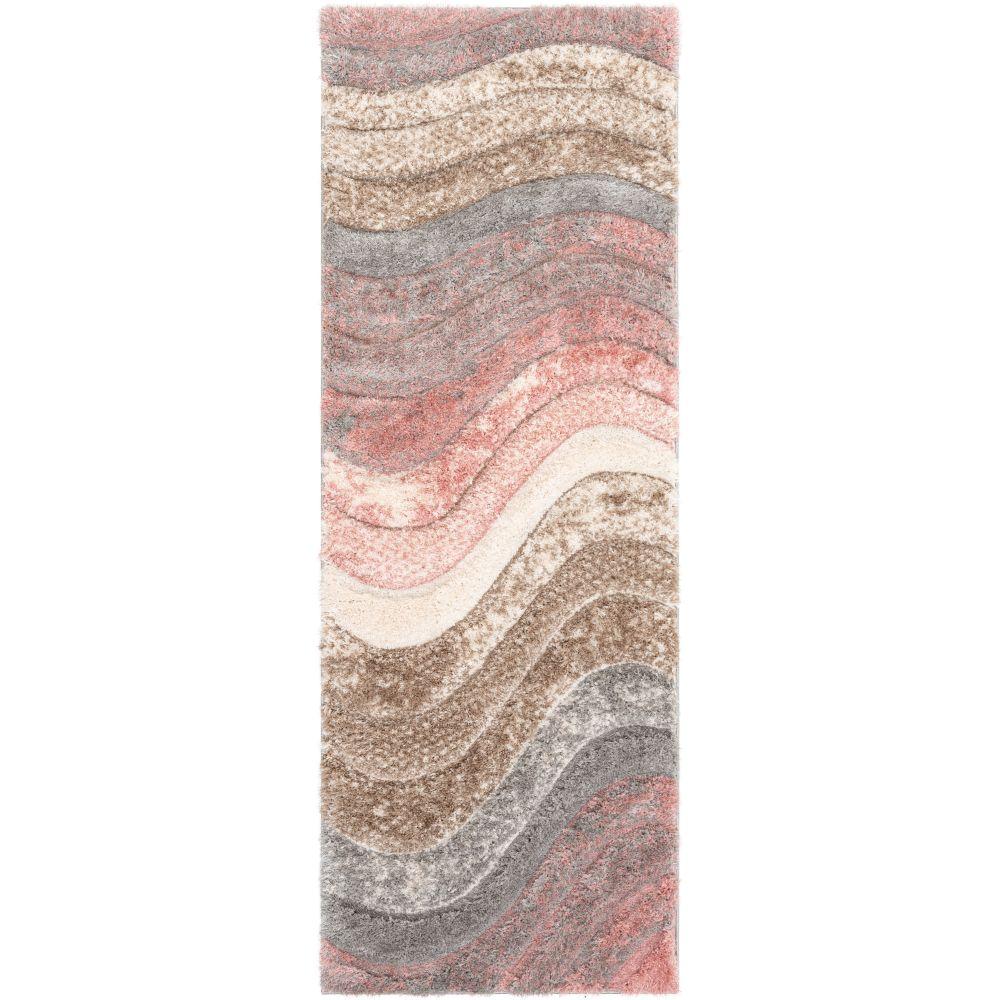 Elsie Modern Abstract Waves 3D Textured Shag Grey Pink Rug LOL-67