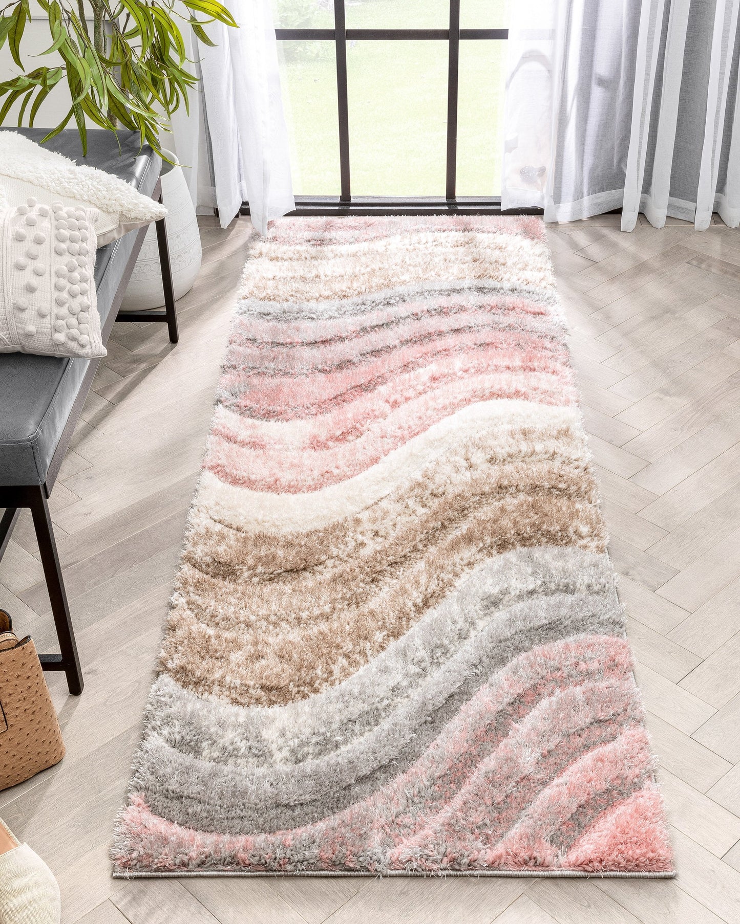 Elsie Modern Abstract Waves 3D Textured Shag Grey Pink Rug LOL-67
