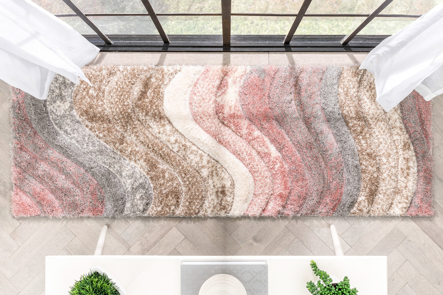 Elsie Modern Abstract Waves 3D Textured Shag Grey Pink Rug LOL-67