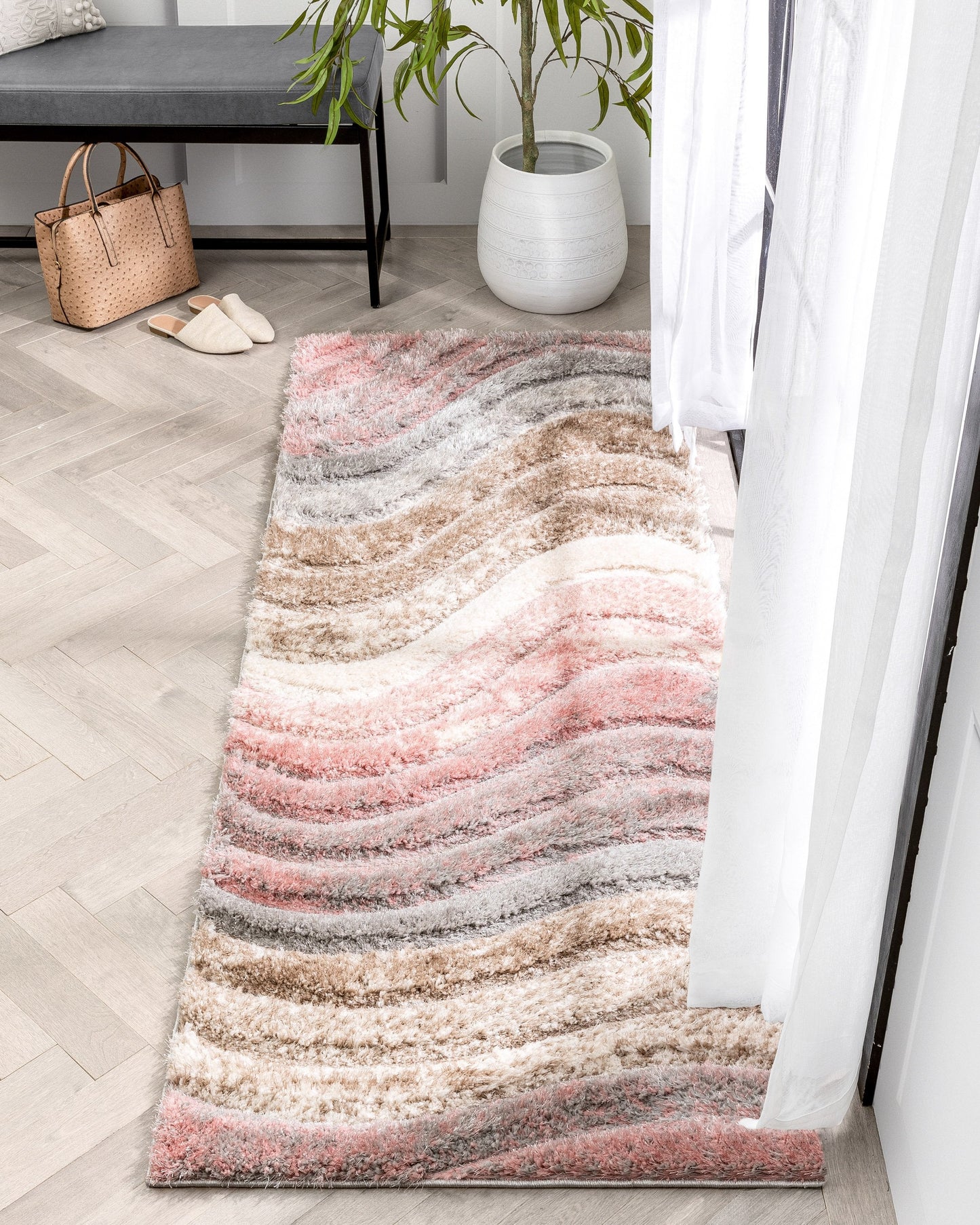 Elsie Modern Abstract Waves 3D Textured Shag Grey Pink Rug LOL-67