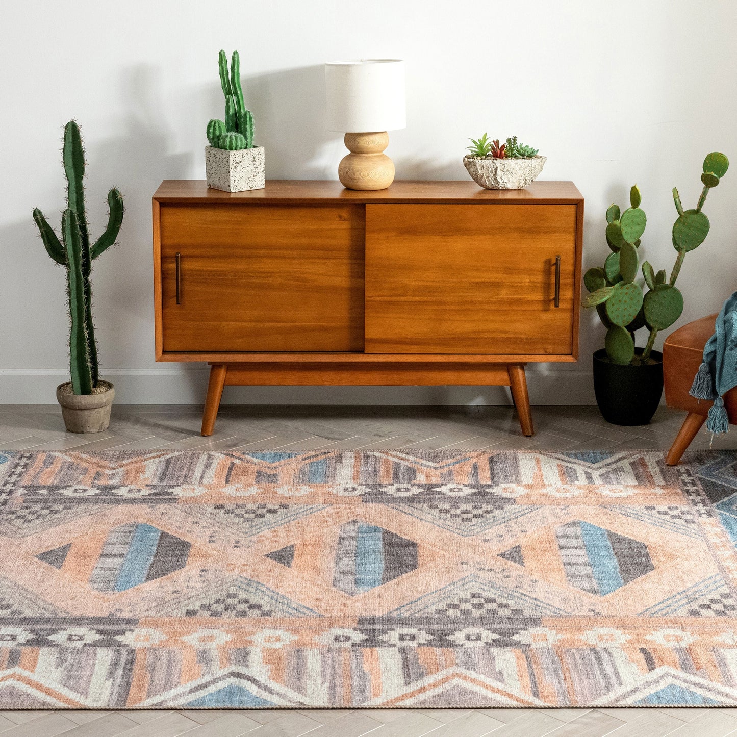 Boron Machine Washable Vintage Gabbeh Geometric Pattern Blush Pink Flat-Weave Distressed Rug LOT-142