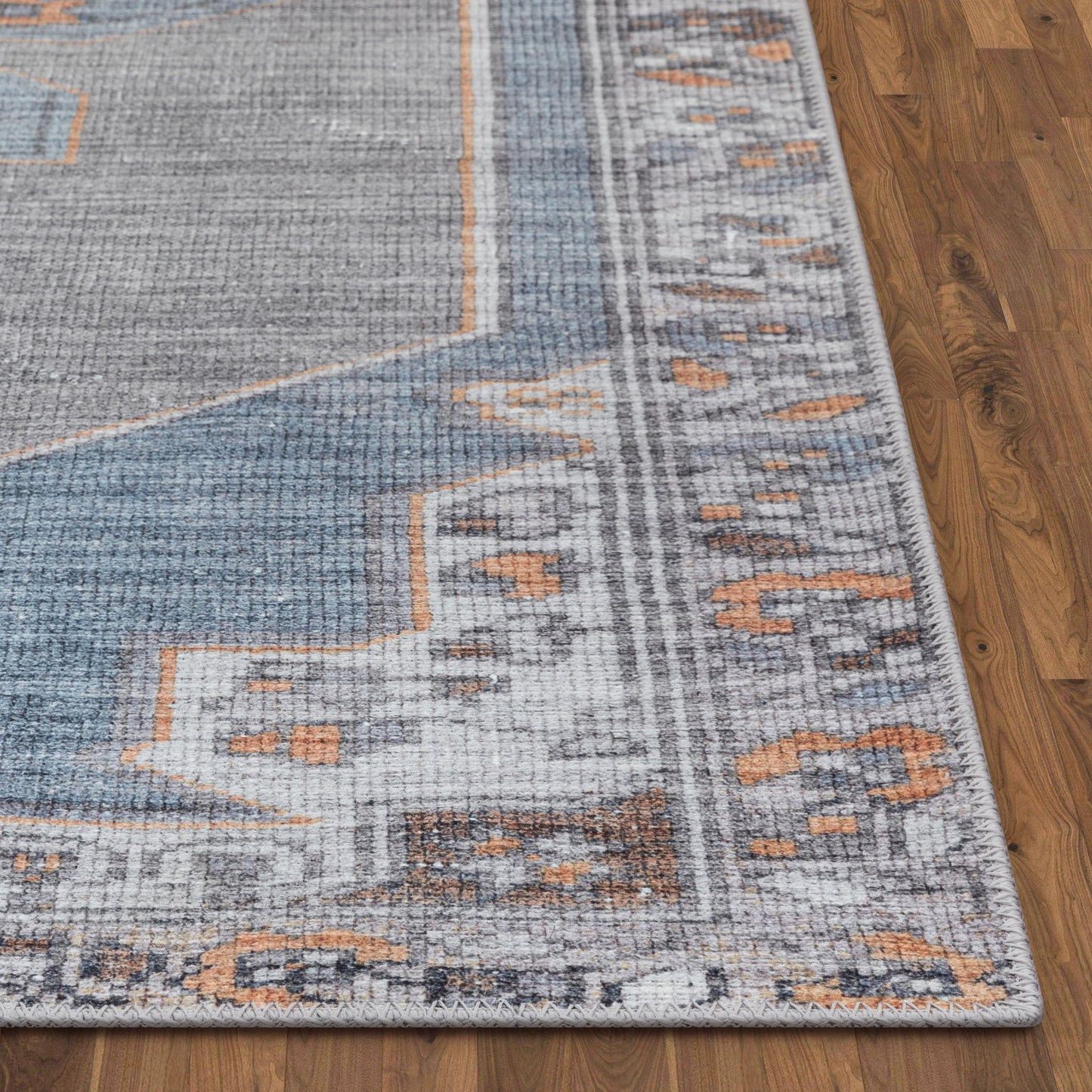 Cambria Machine Washable Vintage Medallion Oriental Light Blue Flat-Weave Distressed Rug LOT-156
