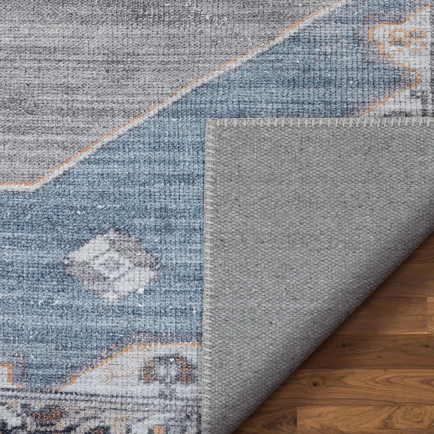 Cambria Machine Washable Vintage Medallion Oriental Light Blue Flat-Weave Distressed Rug LOT-156