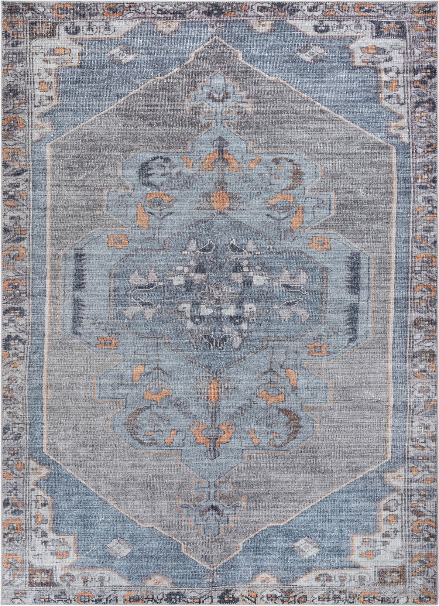 Cambria Machine Washable Vintage Medallion Oriental Light Blue Flat-Weave Distressed Rug LOT-156