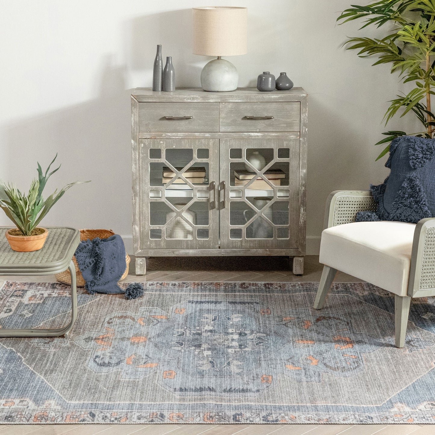 Cambria Machine Washable Vintage Medallion Oriental Light Blue Flat-Weave Distressed Rug LOT-156