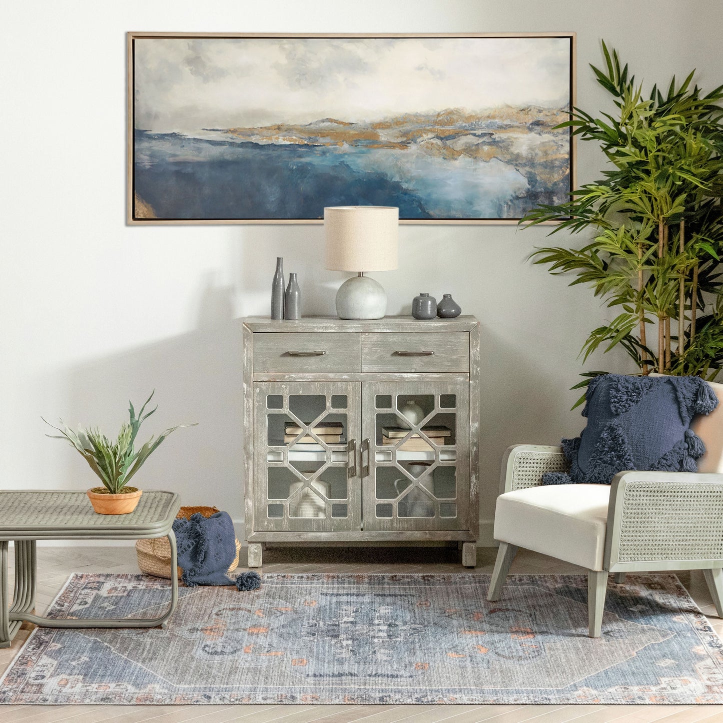 Cambria Machine Washable Vintage Medallion Oriental Light Blue Flat-Weave Distressed Rug LOT-156