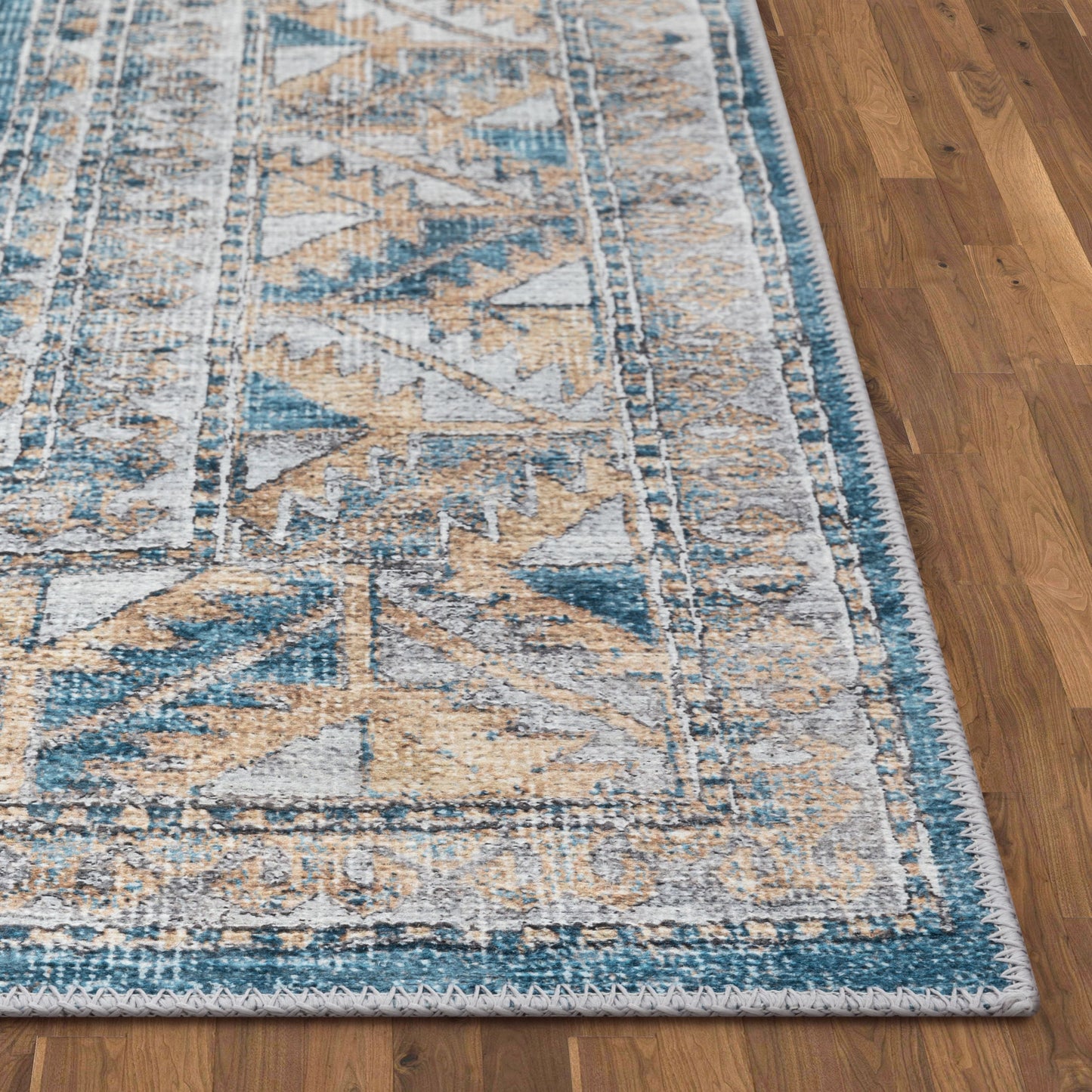 Habra Machine Washable Vintage Medallion Oriental Light Blue Flat-Weave Distressed Rug LOT-16