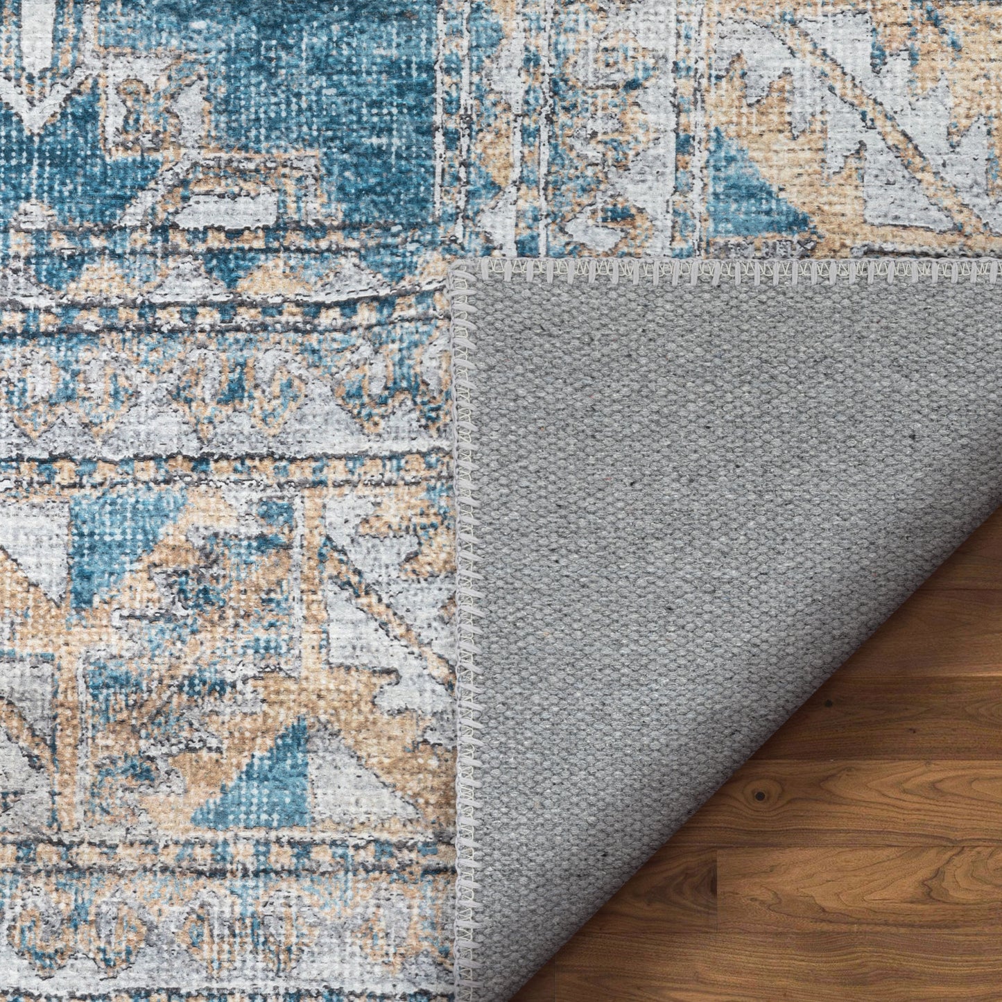Habra Machine Washable Vintage Medallion Oriental Light Blue Flat-Weave Distressed Rug LOT-16
