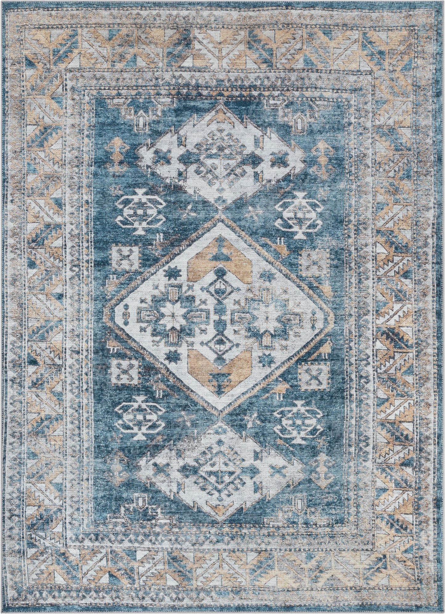 Habra Machine Washable Vintage Medallion Oriental Light Blue Flat-Weave Distressed Rug LOT-16