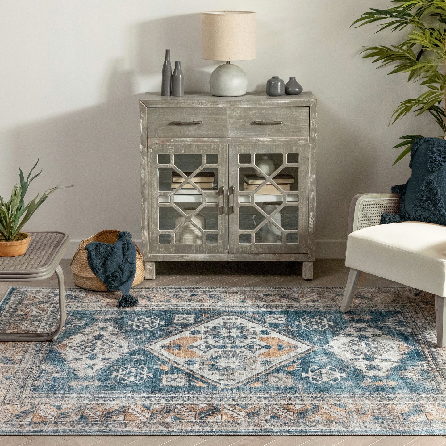 Habra Machine Washable Vintage Medallion Oriental Light Blue Flat-Weave Distressed Rug LOT-16