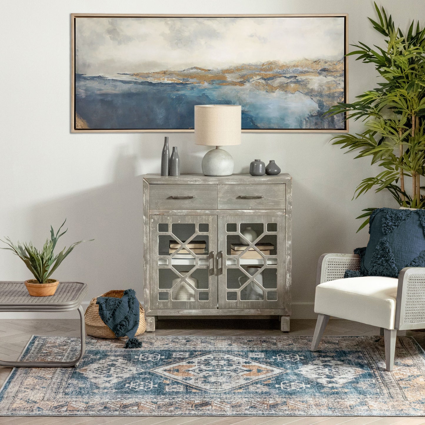 Habra Machine Washable Vintage Medallion Oriental Light Blue Flat-Weave Distressed Rug LOT-16