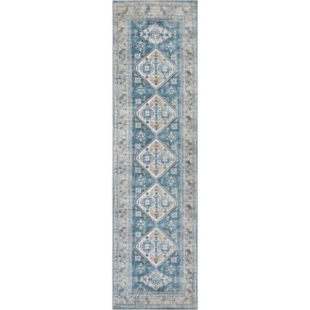 Habra Machine Washable Vintage Medallion Oriental Light Blue Flat-Weave Distressed Rug LOT-16