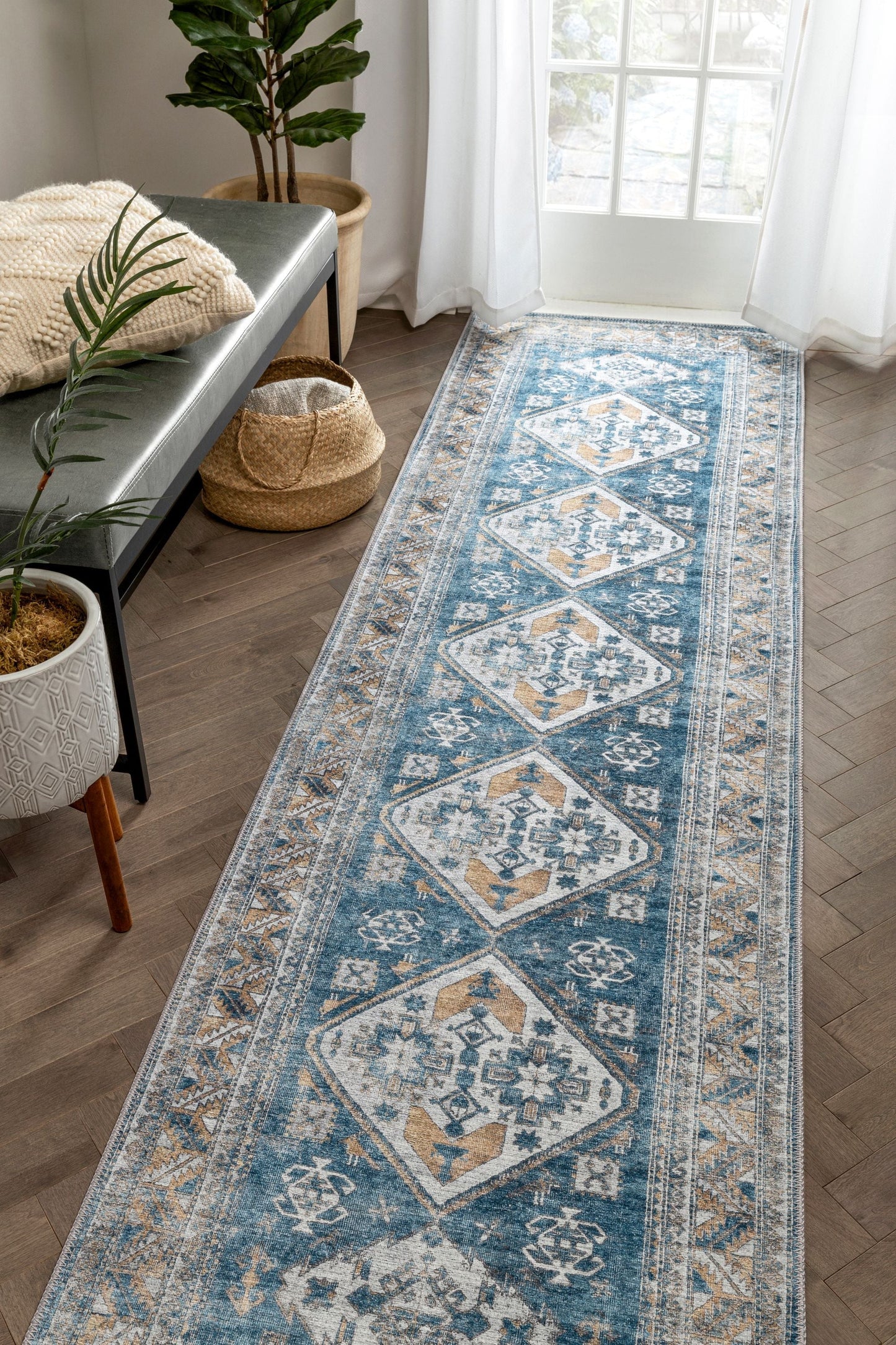 Habra Machine Washable Vintage Medallion Oriental Light Blue Flat-Weave Distressed Rug LOT-16