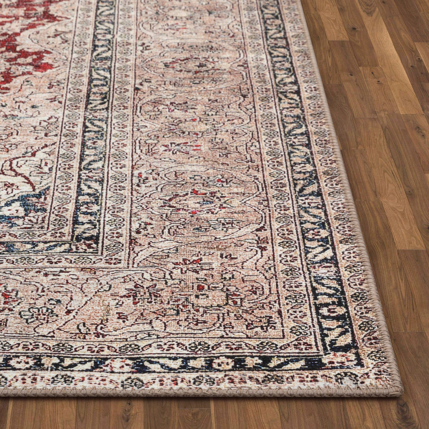 Tonti Machine Washable Vintage Medallion Oriental Red Flat-Weave Distressed Rug LOT-170