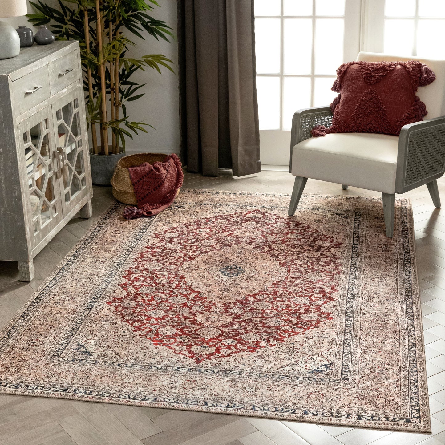 Tonti Machine Washable Vintage Medallion Oriental Red Flat-Weave Distressed Rug LOT-170