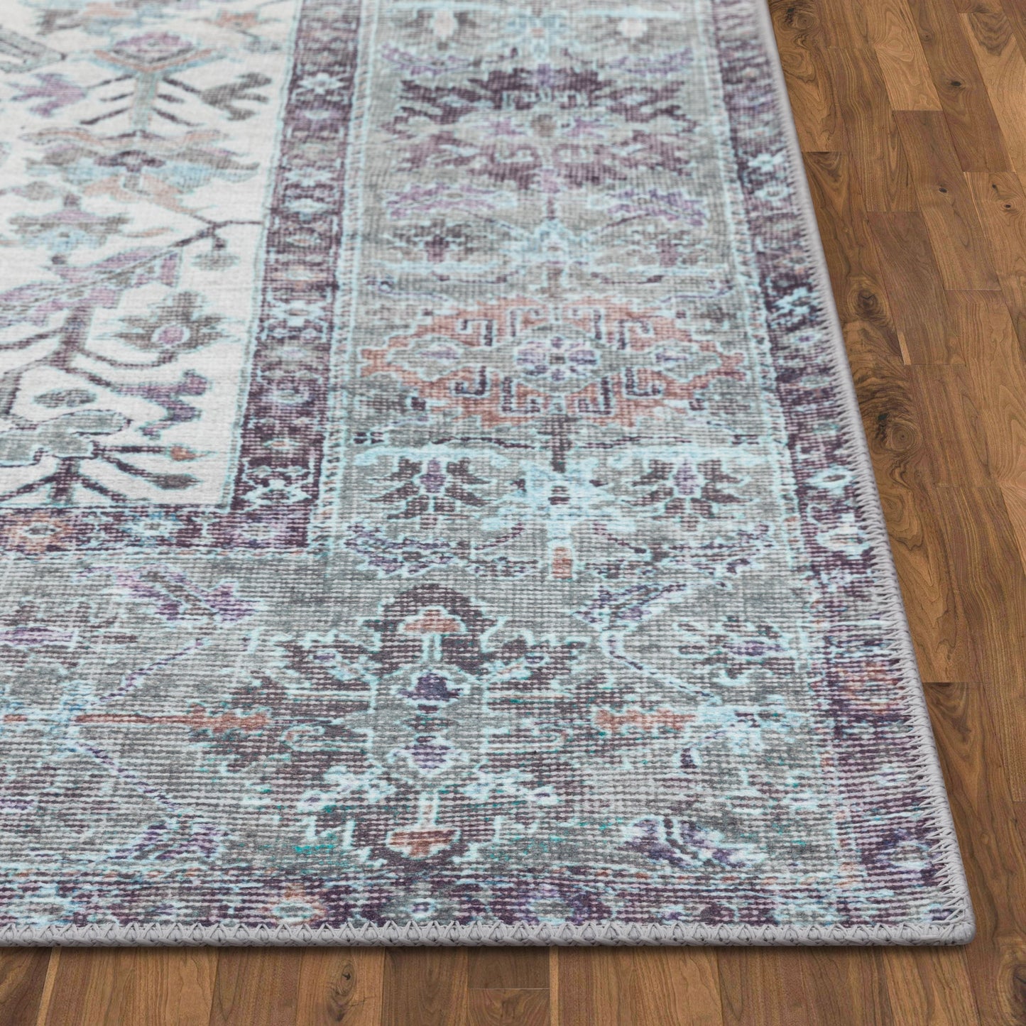 Macon Machine Washable Vintage Medallion Botanical Border Beige Flat-Weave Distressed Rug LOT-204