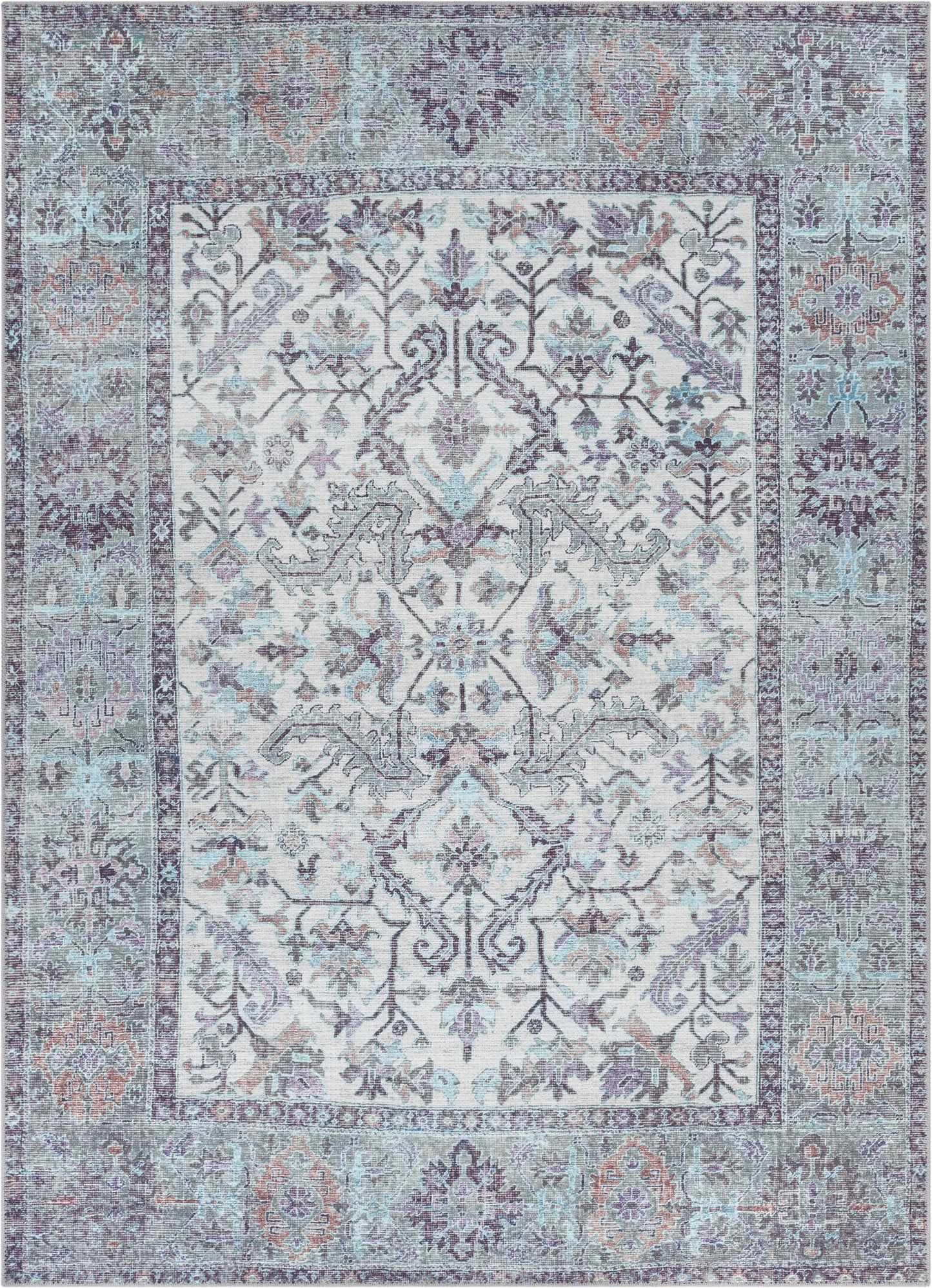 Macon Machine Washable Vintage Medallion Botanical Border Beige Flat-Weave Distressed Rug LOT-204