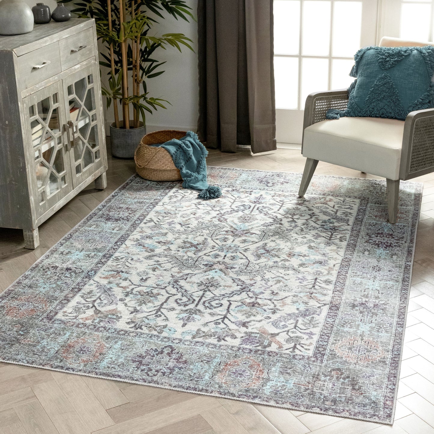 Macon Machine Washable Vintage Medallion Botanical Border Beige Flat-Weave Distressed Rug LOT-204