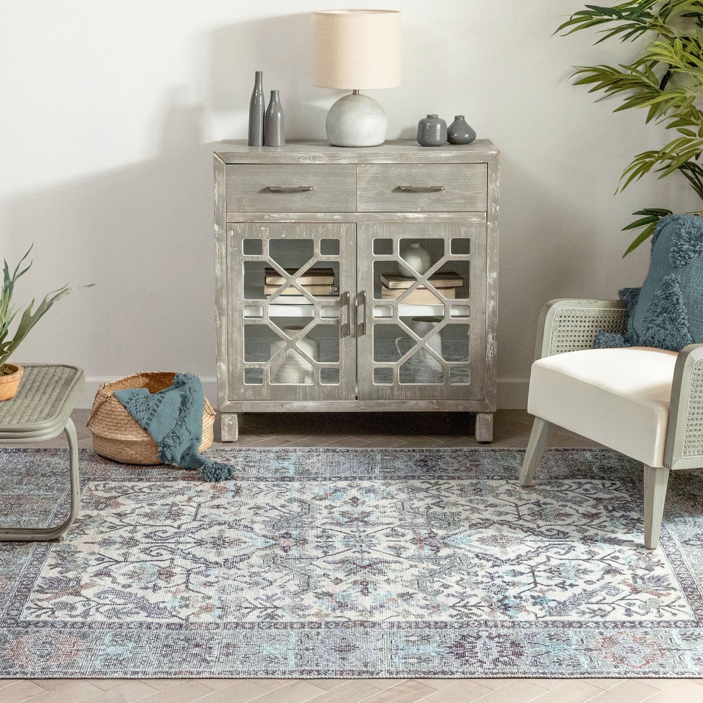 Macon Machine Washable Vintage Medallion Botanical Border Beige Flat-Weave Distressed Rug LOT-204