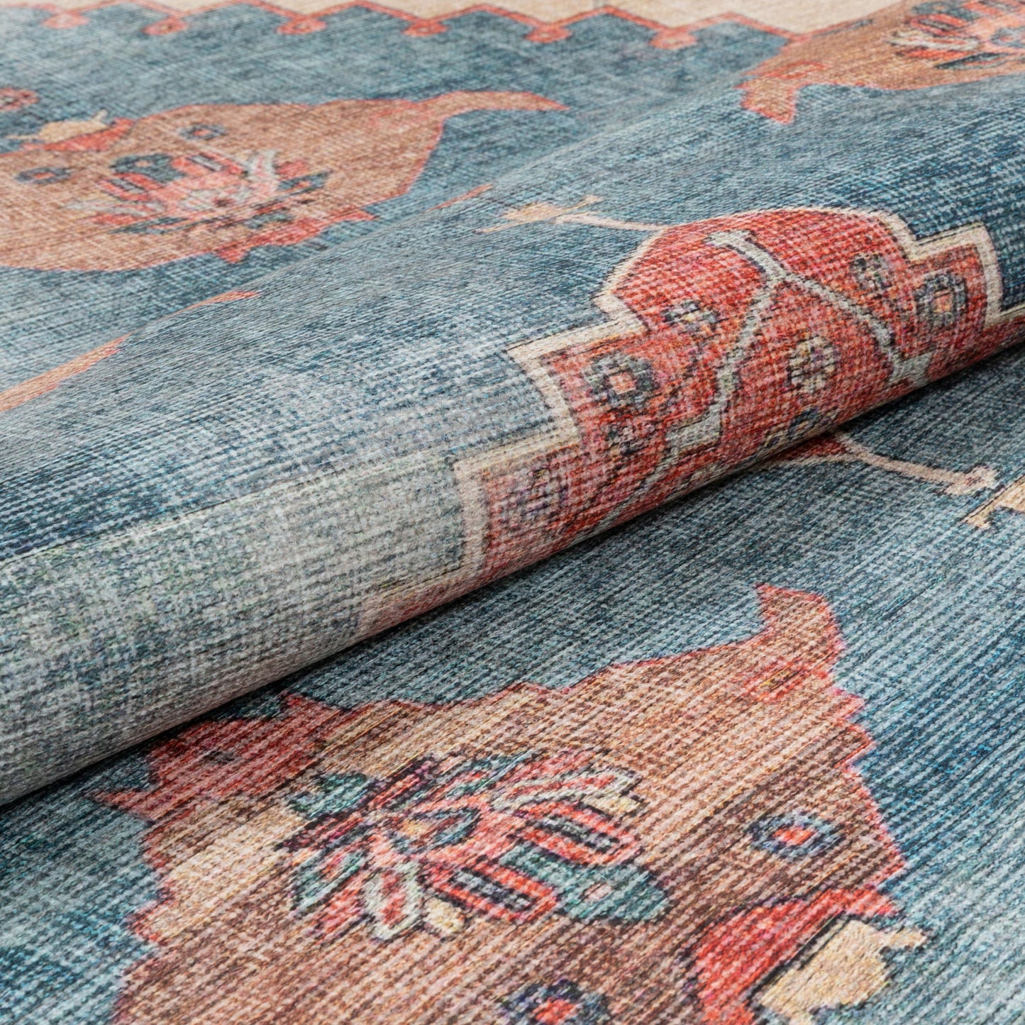 Towne Machine Washable Vintage Medallion Persian Terra Blue Flat-Weave Distressed Rug LOT-210