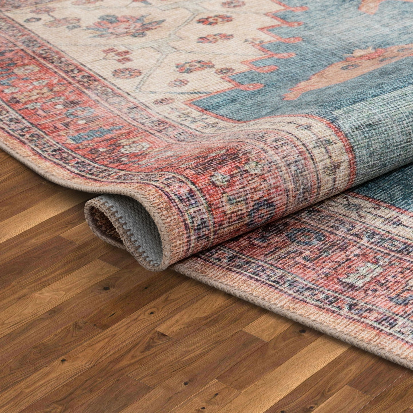 Towne Machine Washable Vintage Medallion Persian Terra Blue Flat-Weave Distressed Rug LOT-210