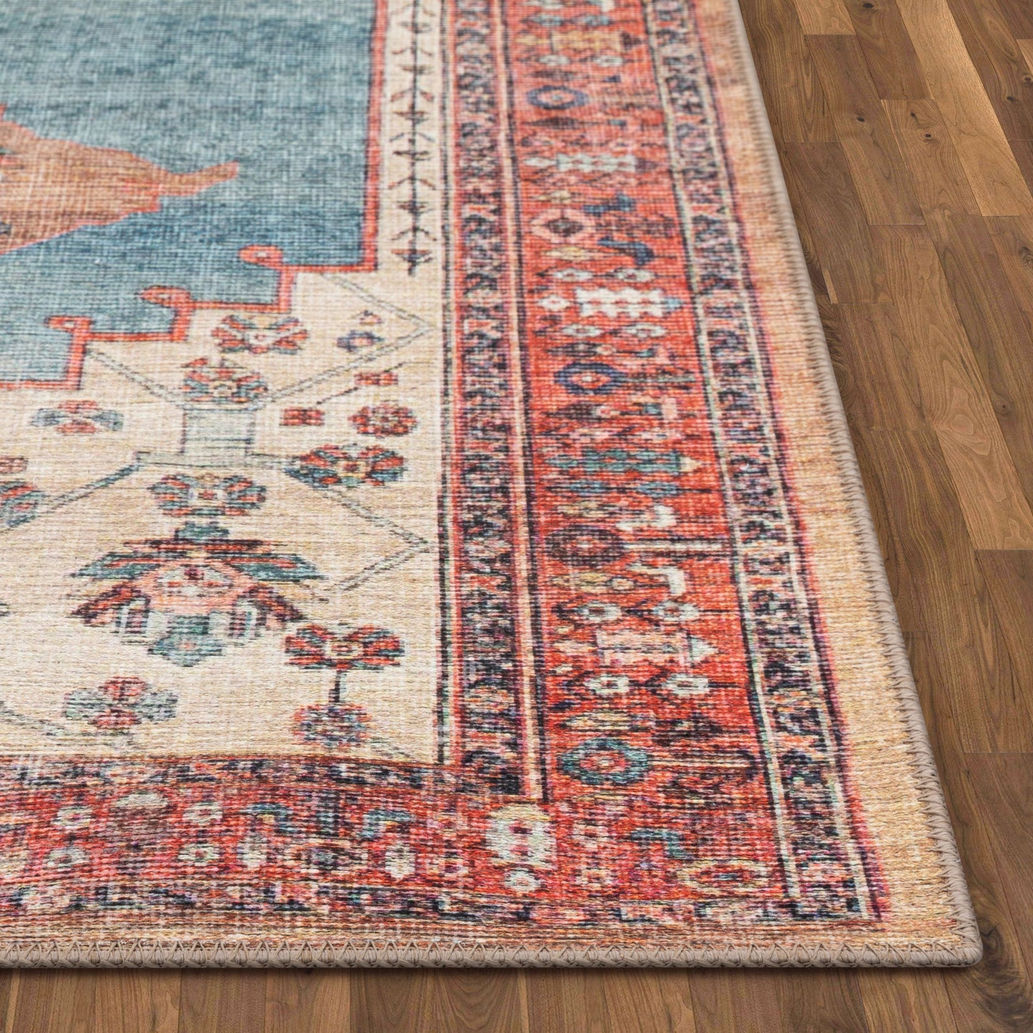 Towne Machine Washable Vintage Medallion Persian Terra Blue Flat-Weave Distressed Rug LOT-210