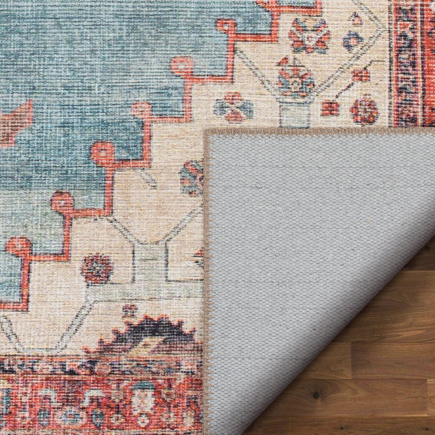 Towne Machine Washable Vintage Medallion Persian Terra Blue Flat-Weave Distressed Rug LOT-210
