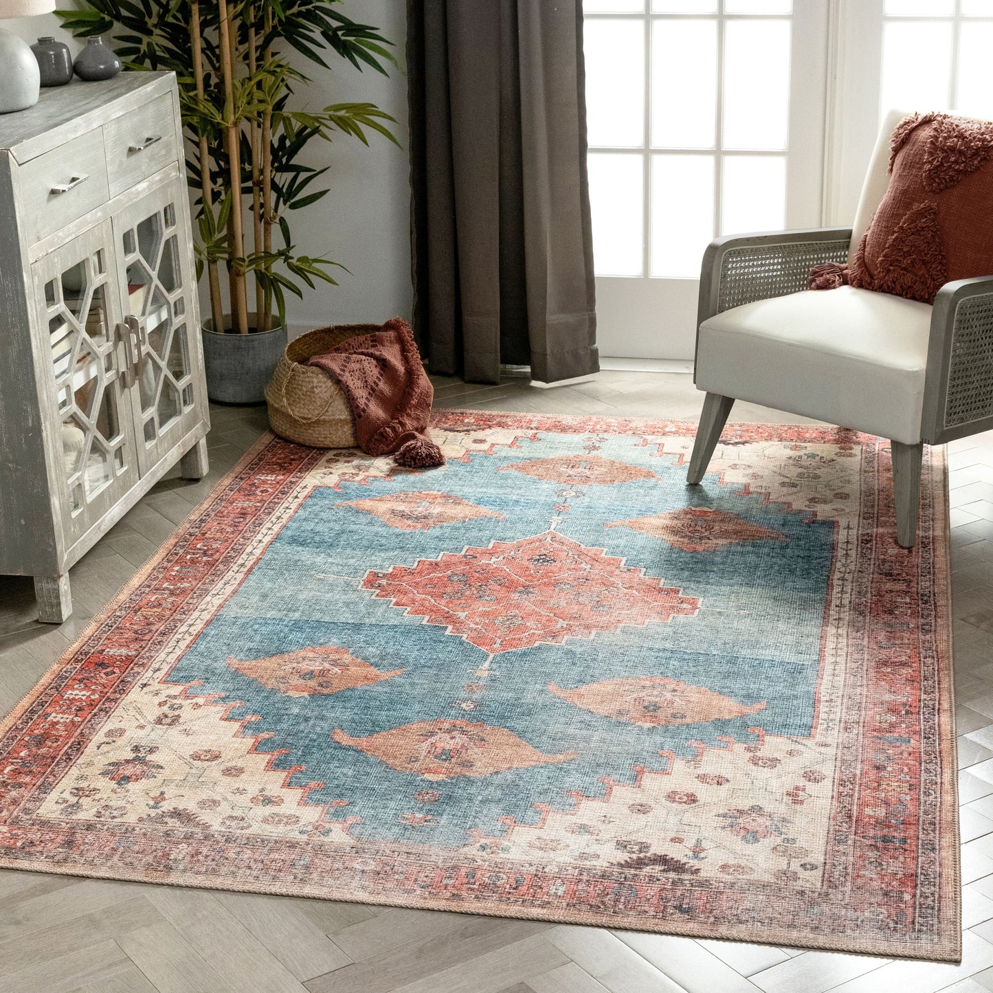 Towne Machine Washable Vintage Medallion Persian Terra Blue Flat-Weave Distressed Rug LOT-210