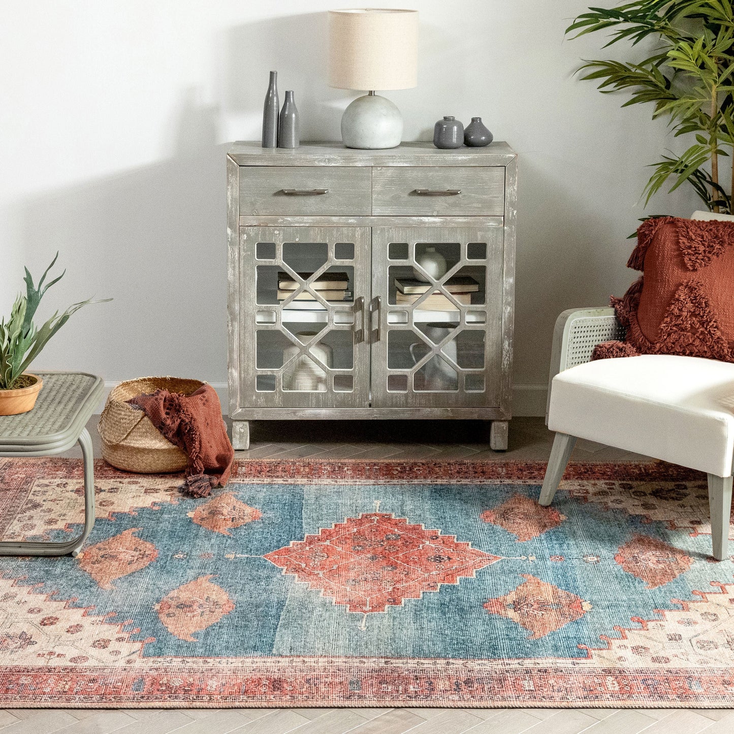 Towne Machine Washable Vintage Medallion Persian Terra Blue Flat-Weave Distressed Rug LOT-210