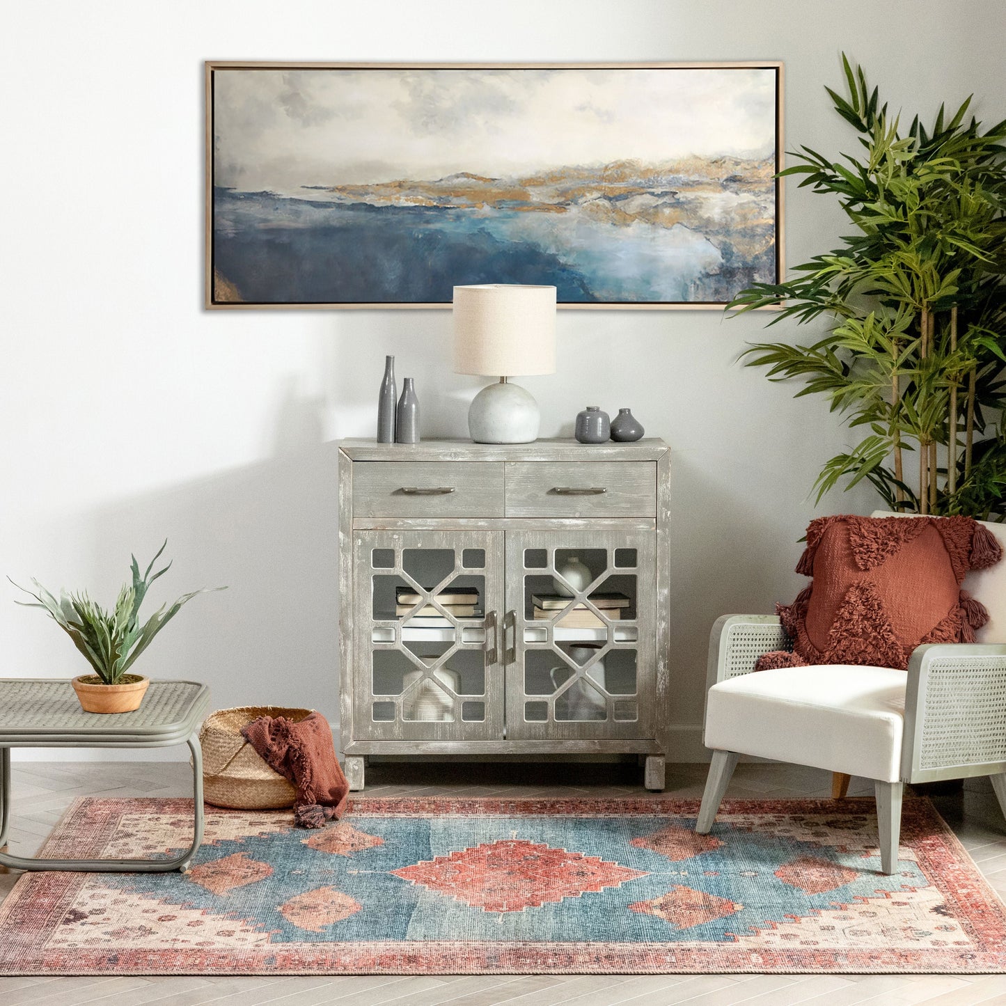 Towne Machine Washable Vintage Medallion Persian Terra Blue Flat-Weave Distressed Rug LOT-210