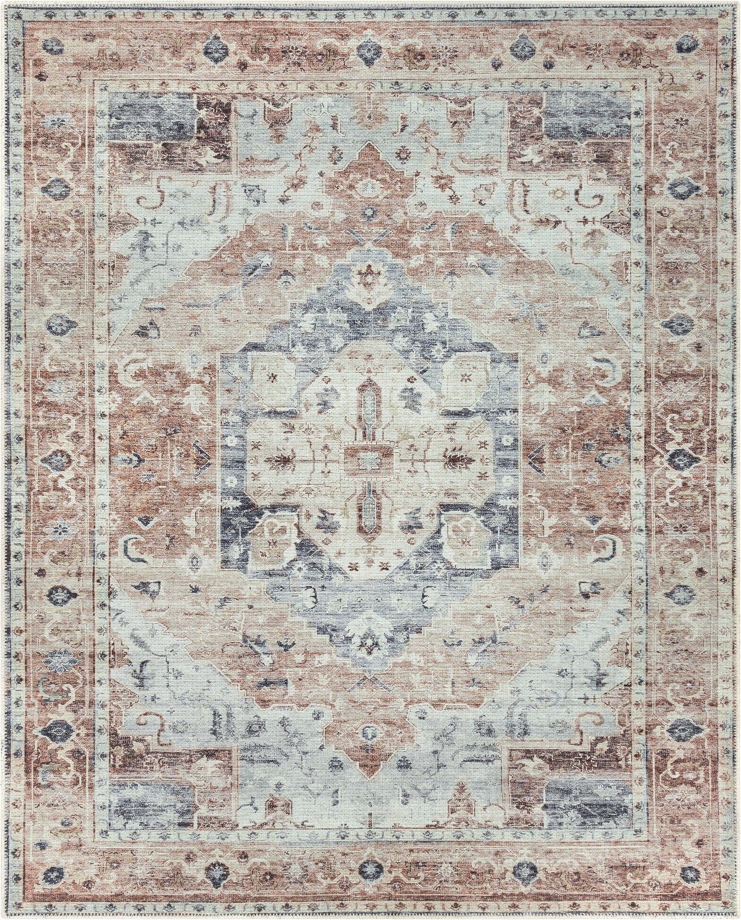 Binita Machine Washable Vintage Medallion Oriental Ivory Rust Flat-Weave Rug LOT-242-