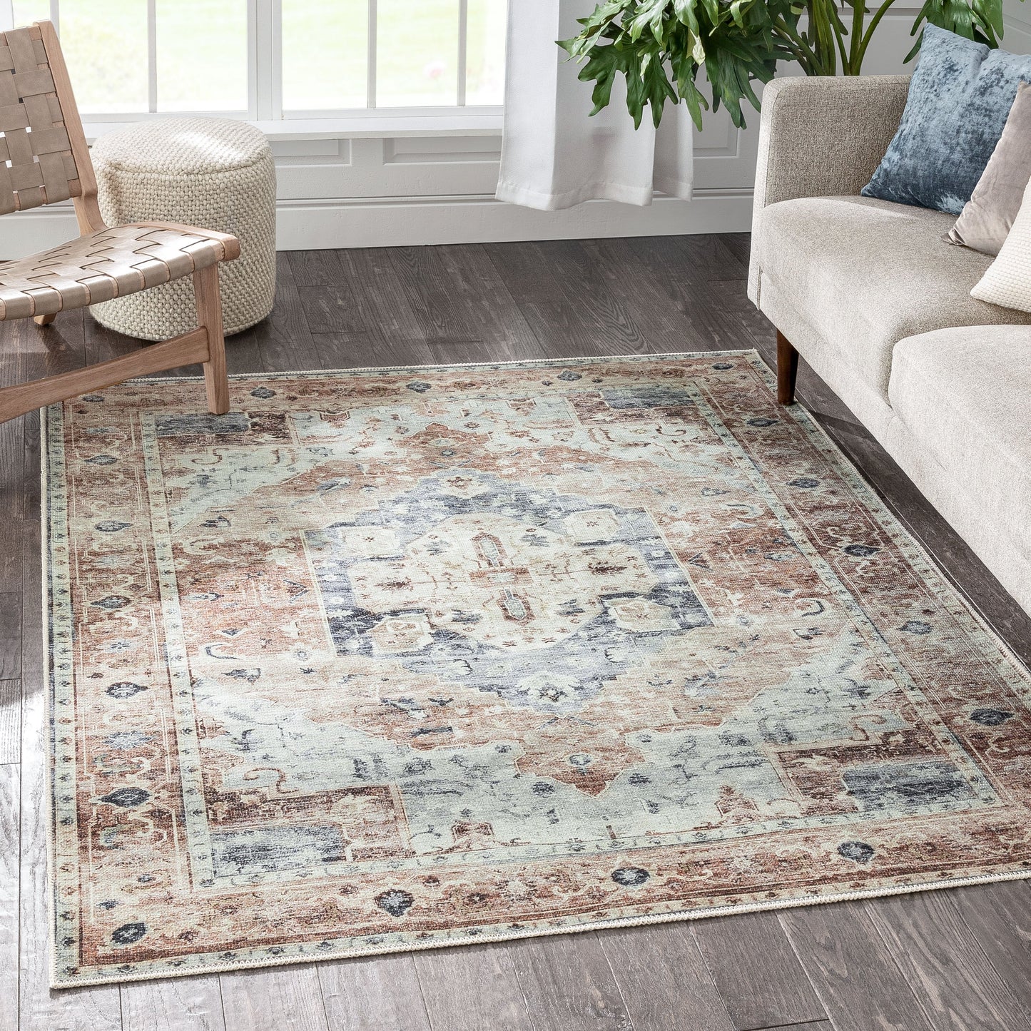 Binita Machine Washable Vintage Medallion Oriental Ivory Rust Flat-Weave Rug LOT-242-