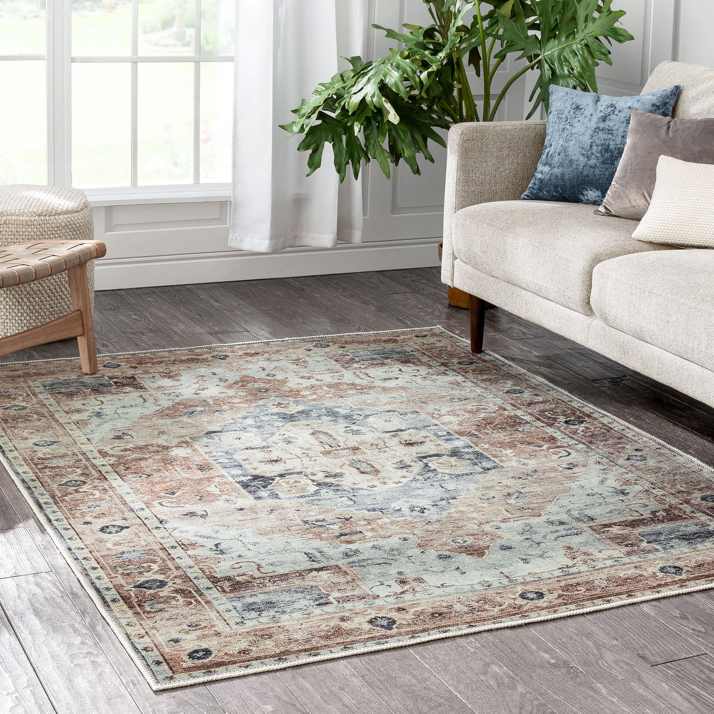 Binita Machine Washable Vintage Medallion Oriental Ivory Rust Flat-Weave Rug LOT-242-