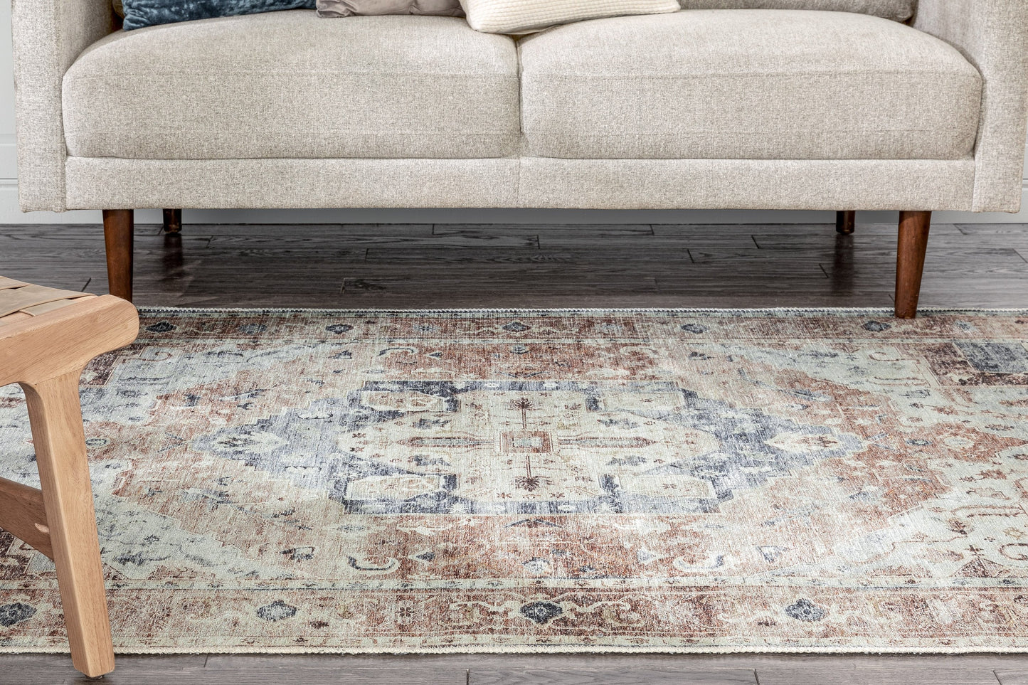 Binita Machine Washable Vintage Medallion Oriental Ivory Rust Flat-Weave Rug LOT-242-