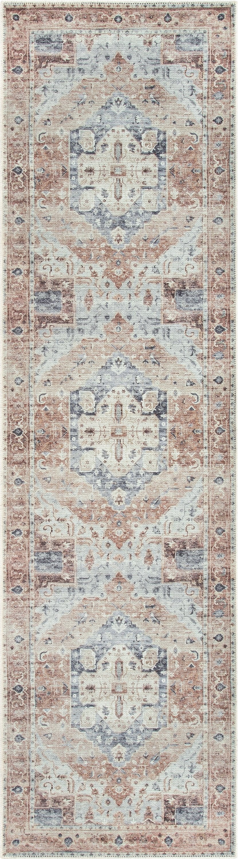 Binita Machine Washable Vintage Medallion Oriental Ivory Rust Flat-Weave Rug LOT-242-