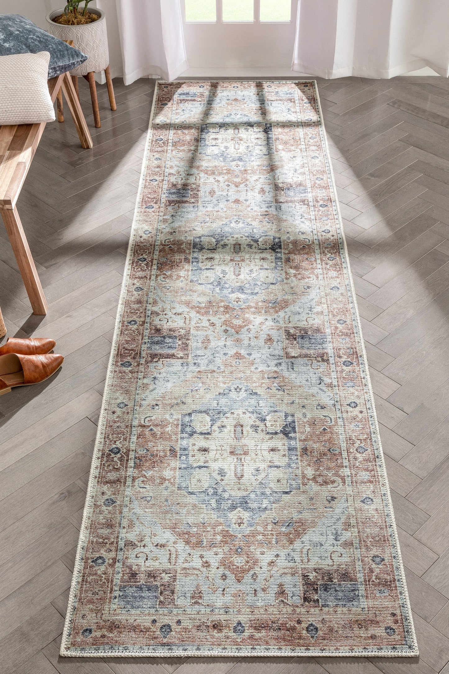 Binita Machine Washable Vintage Medallion Oriental Ivory Rust Flat-Weave Rug LOT-242-