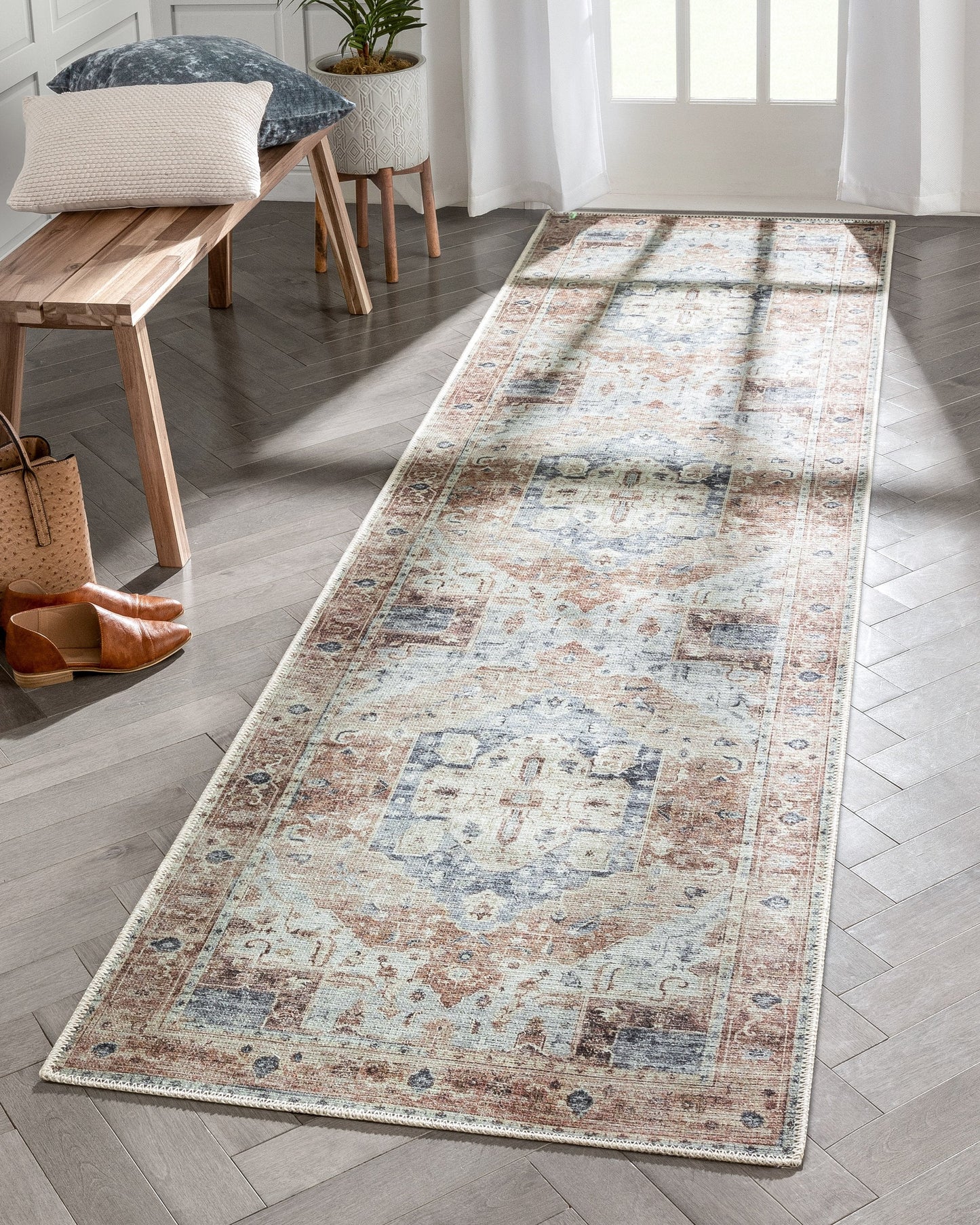 Binita Machine Washable Vintage Medallion Oriental Ivory Rust Flat-Weave Rug LOT-242-