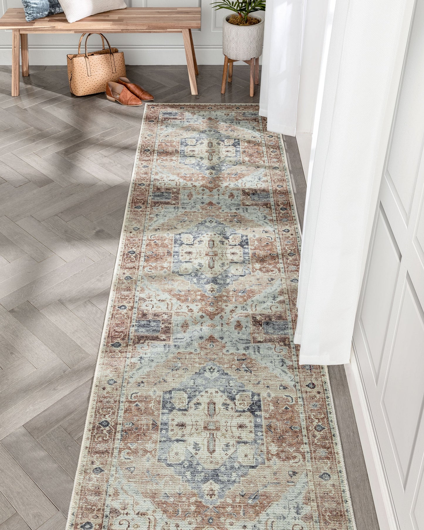 Binita Machine Washable Vintage Medallion Oriental Ivory Rust Flat-Weave Rug LOT-242-